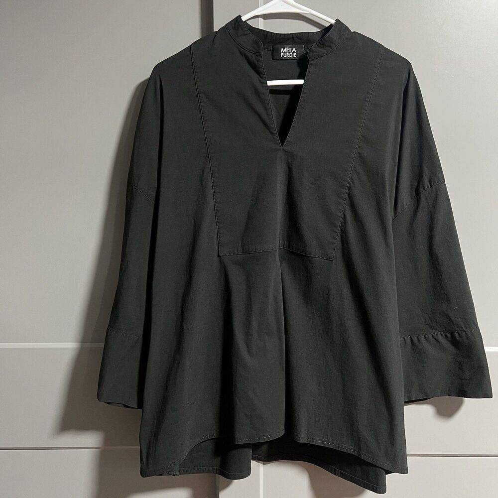 Mela Purdie Women Popover V-Neck Wide Rolled Sleeve Oversize Tunic Black 3XL
